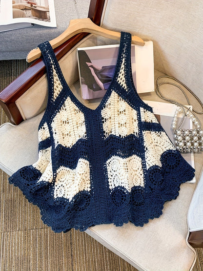 Damen Häkel-Top im Boho-Stil, ärmellos, modisch für Freizeit und Strand