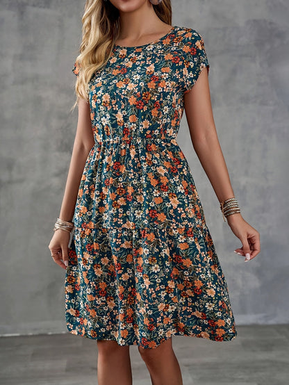 Damen Sommerkleid im Blumenmuster – Freizeit & Urlaub, Knielang, Kurzarm