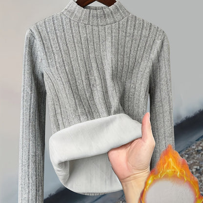 Damen Pullover Rippstrick Stehkragen Warme Fleecefütterung Langarm