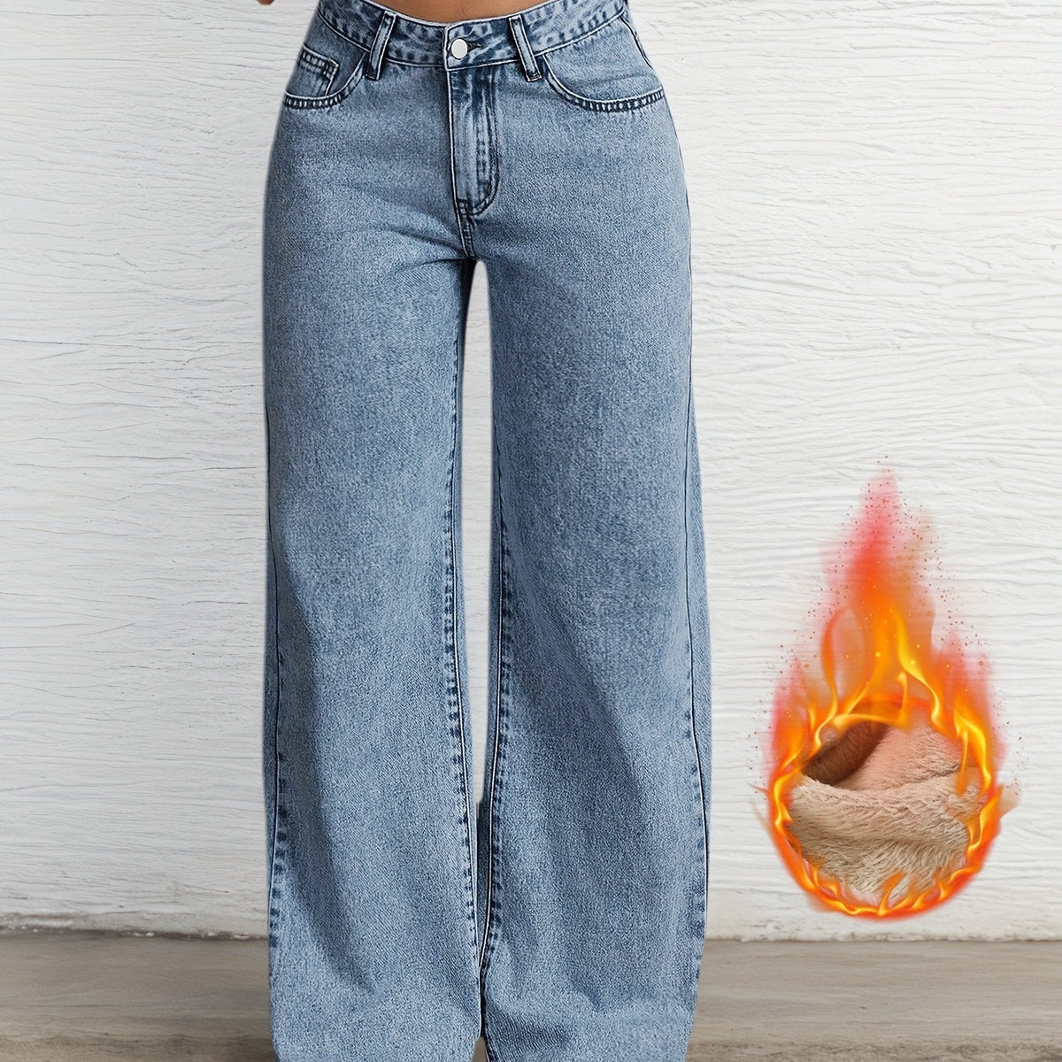 Damen Jeanshose Weites Bein Hohe Taille Gefüttert Hellblau