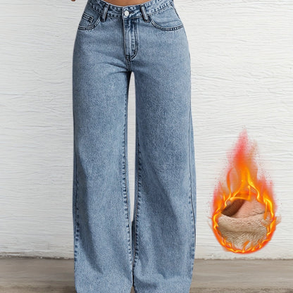 Damen Jeanshose Weites Bein Hohe Taille Gefüttert Hellblau
