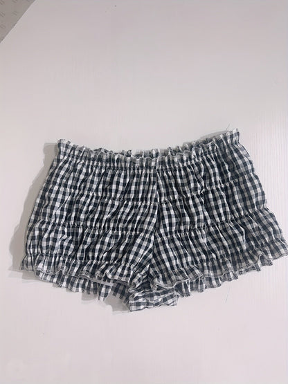 Damen Y2K Karierte Rüschenshorts – Verspielte Sommer-Shorts für Freizeit & Loungewear
