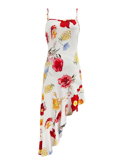 Damen Asymmetrisches Midi-Kleid mit Blumenmuster und Rüschen – Elegantes Partykleid