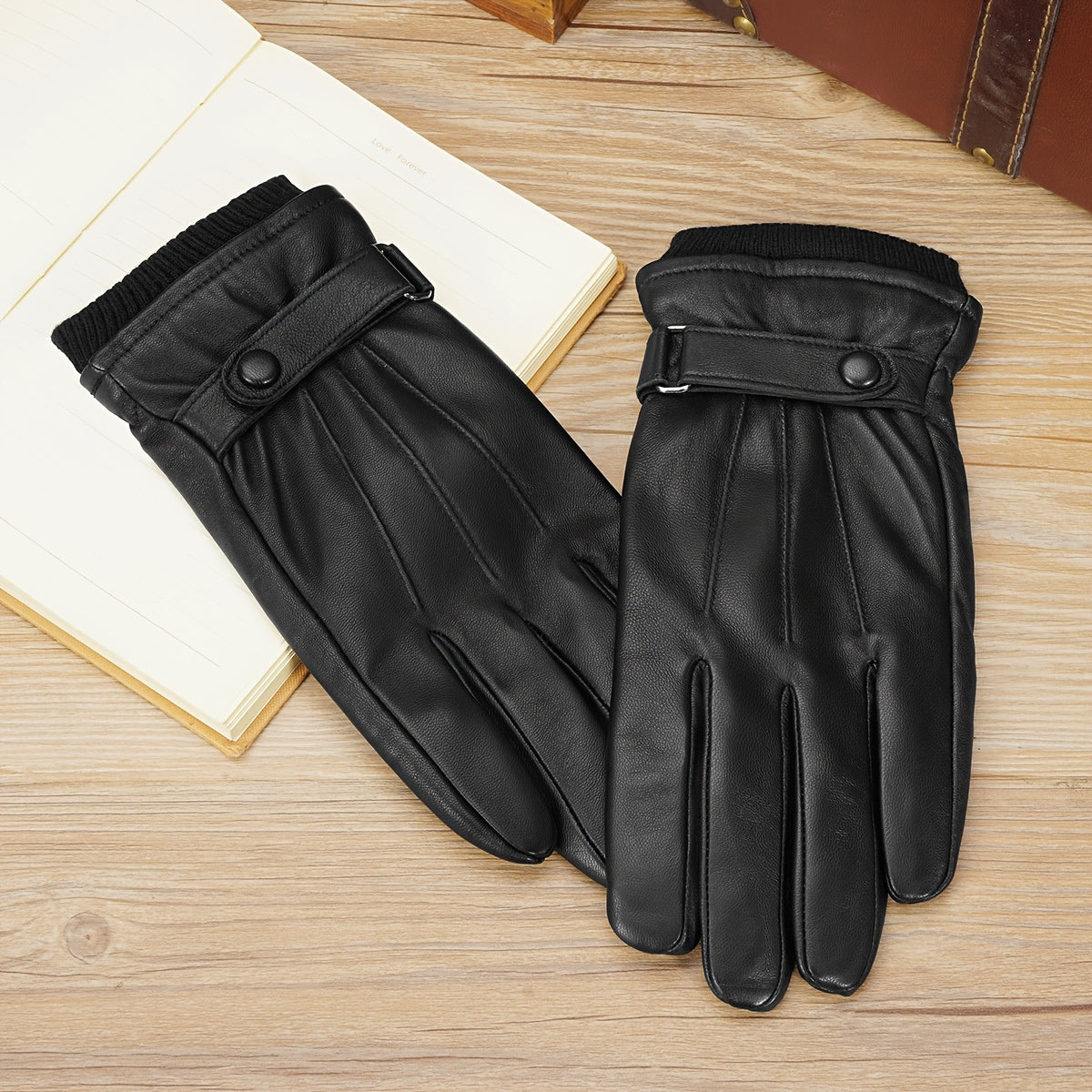 Unisex Handschuhe Schwarz mit Riegelverschluss & Strickbund