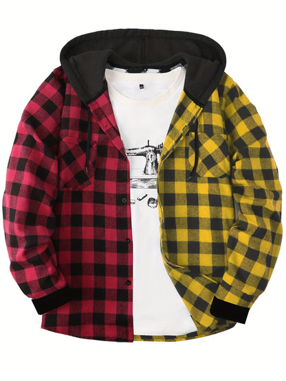Unisex Kariertes Hemdjacke mit Kapuze Button-Down Langarm Freizeithemd
