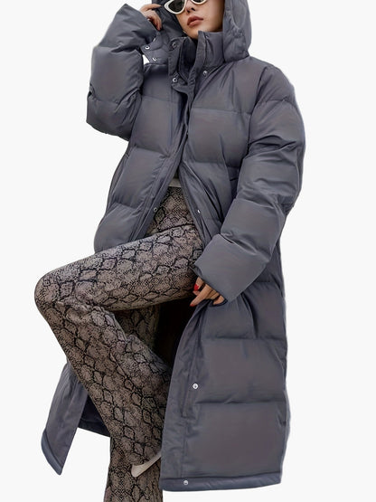 Damen Steppmantel Lang Elegant Winterjacke mit Kapuze und Reißverschluss