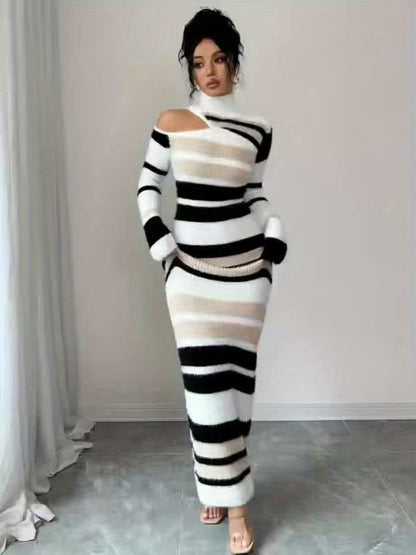Damen Maxi-Kleid gestreift Rollkragen Cut-Out Lange Ärmel