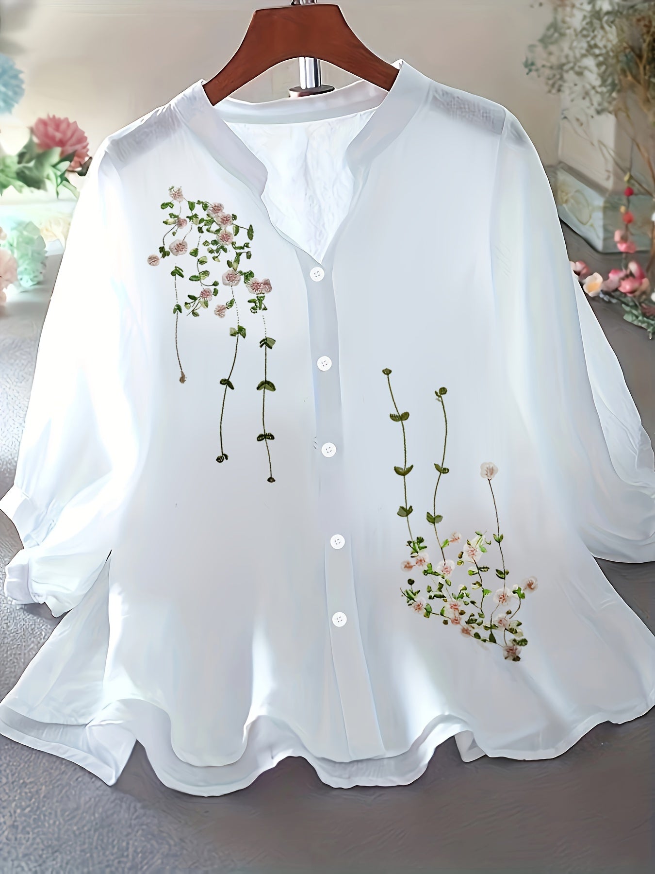 Damen Bluse Elegant Bestickt Locker Freizeit Büro Chic