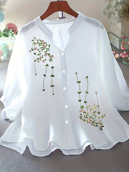 Damen Bluse Elegant Bestickt Locker Freizeit Büro Chic