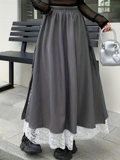 Damen Maxirock Grau mit Spitze Detail Hoher Bund Kordelzug
