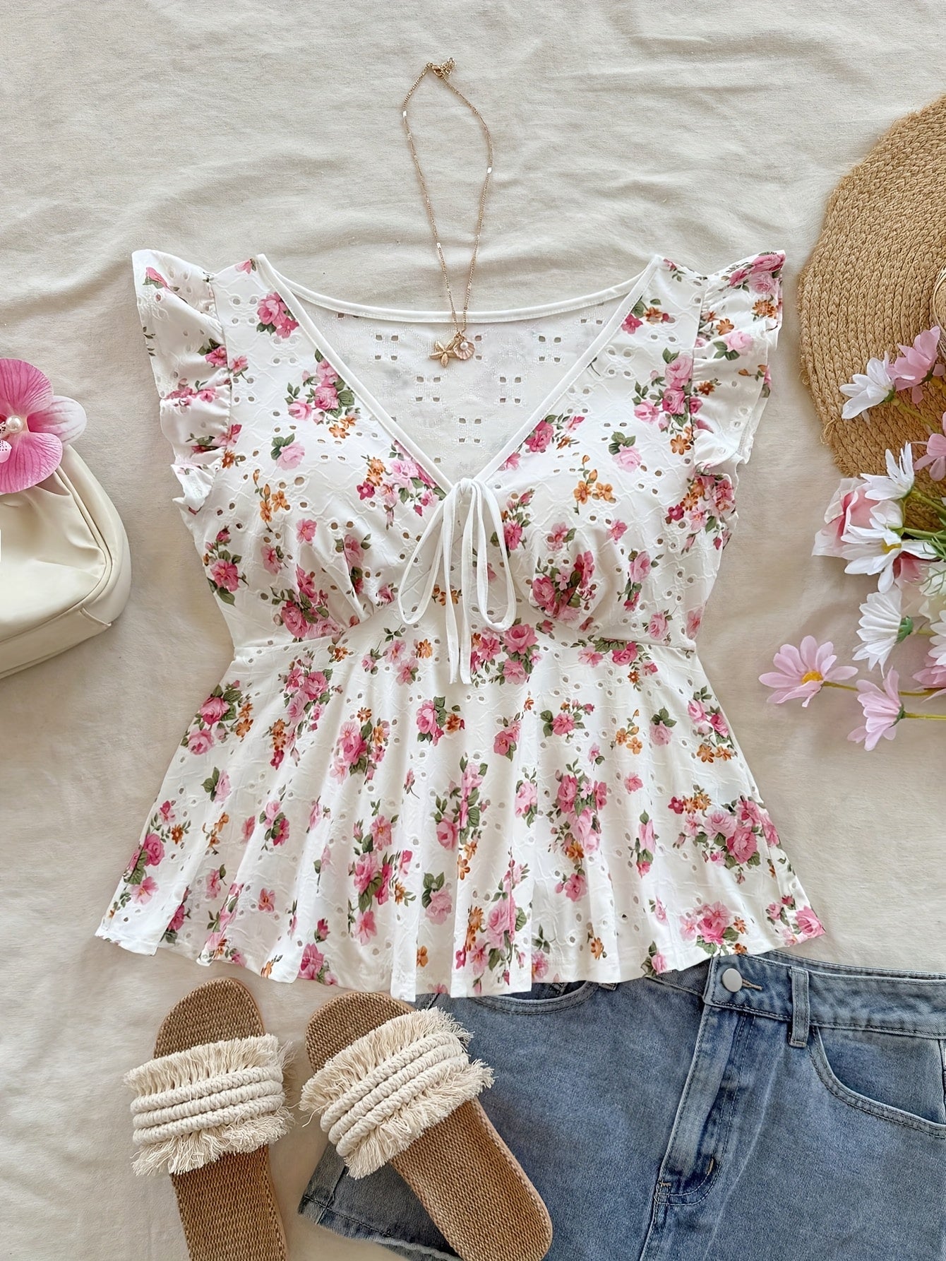 Damen Peplum-Bluse mit Blumenmuster und verspieltem Bindeband – Romantischer Vintage-Stil für Freizeit und Ausflüge
