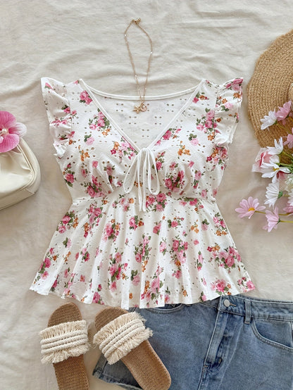 Damen Peplum-Bluse mit Blumenmuster und verspieltem Bindeband – Romantischer Vintage-Stil für Freizeit und Ausflüge