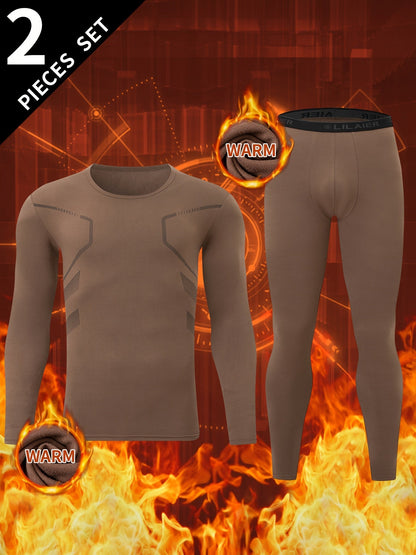 Herren Thermounterwäsche Set Grau Langarmshirt & Hose 2-teilig Warm Enganliegend