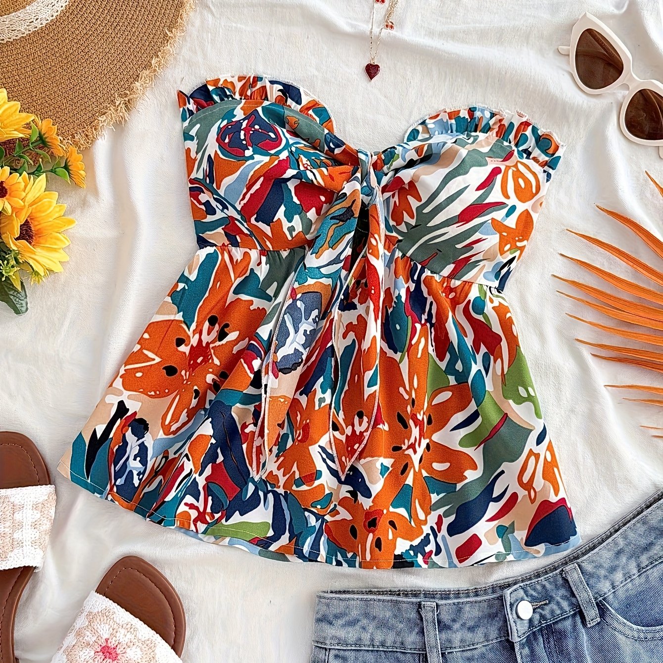 Damen Bandeau Crop Top mit Knotendetail und Blumenmuster – Sommerliches Freizeit- und Strand-Outfit