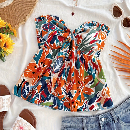 Damen Bandeau Crop Top mit Knotendetail und Blumenmuster – Sommerliches Freizeit- und Strand-Outfit