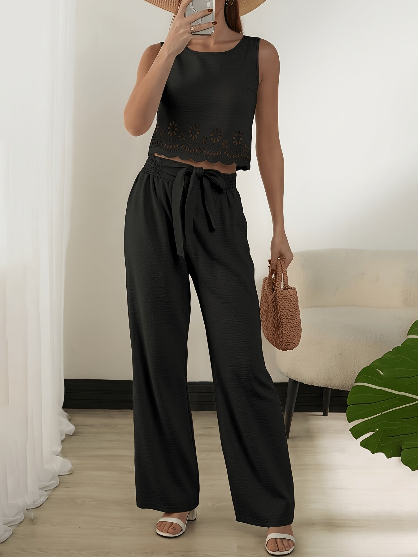 Damen Zweiteiler Set Elegant mit Stickerei und Weitem Bein – Sommer Outfit für Alltag und Freizeit