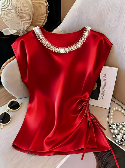 Damen Elegante Bluse mit Perlenkragen und Raffungsdetail – Stilvolles Kurzarm-Oberteil für festliche Anlässe oder Büro