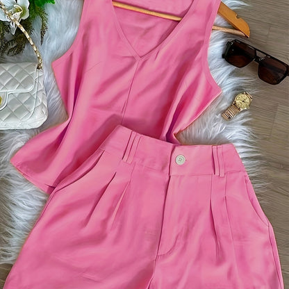 Damen Zweiteiliges Set mit V-Ausschnitt Top und High-Waist Shorts – Eleganter Freizeit-Look