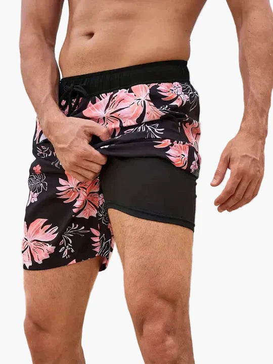 Herren Badeshorts mit Kompressions-Innenshorts – Moderne, schnell trocknende Swimshorts mit tropischem Muster für Strand & Sport