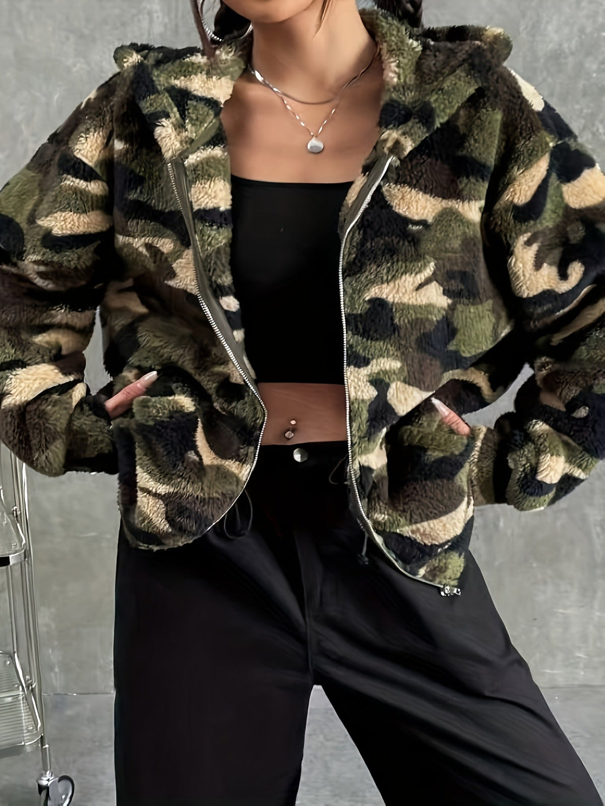 Damen Teddyfell Kapuzenjacke Camouflage Muster mit Reißverschluss