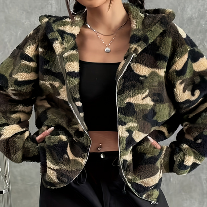 Damen Teddyfell Kapuzenjacke Camouflage Muster mit Reißverschluss