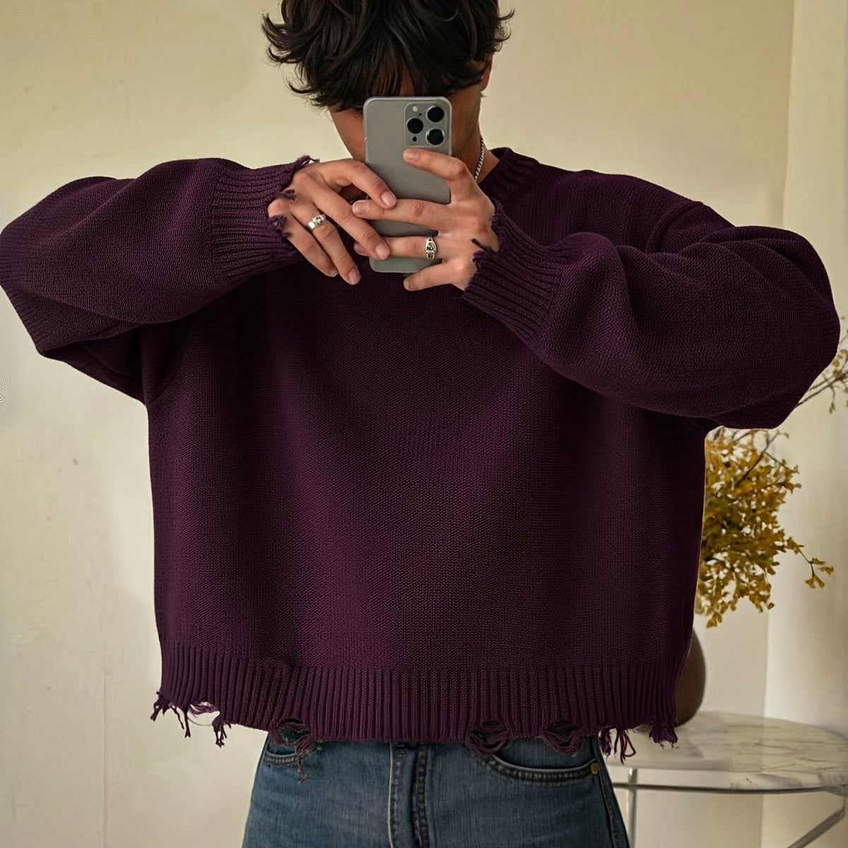 Unisex Distressed Pullover mit Rundhals Ausschnitt und Rippbündchen