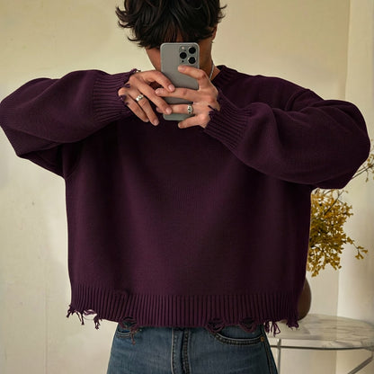 Unisex Distressed Pullover mit Rundhals Ausschnitt und Rippbündchen