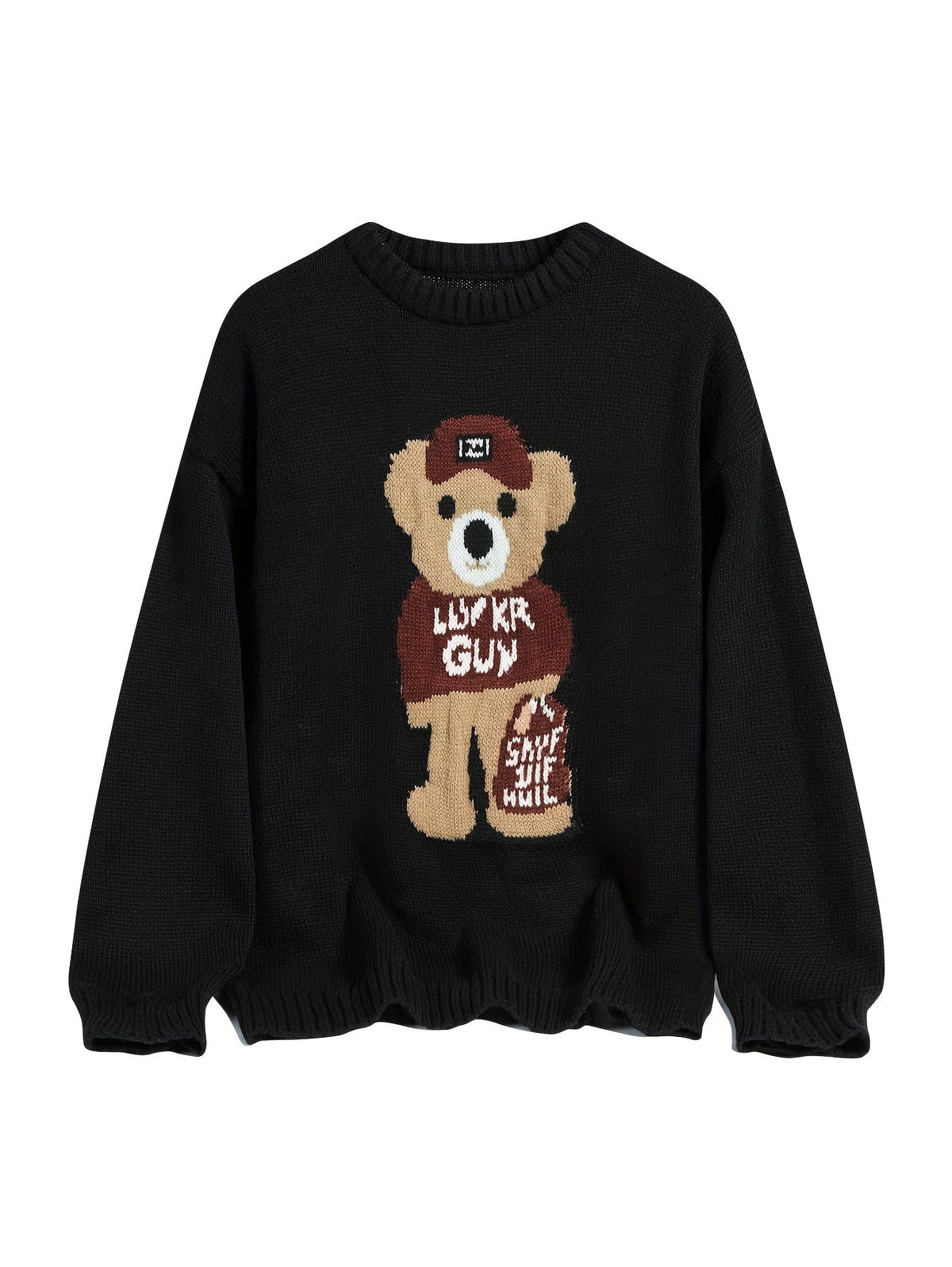 Unisex Strickpullover mit Teddybär-Muster Rundhalsausschnitt Langarm
