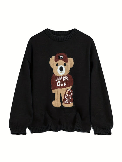 Unisex Strickpullover mit Teddybär-Muster Rundhalsausschnitt Langarm