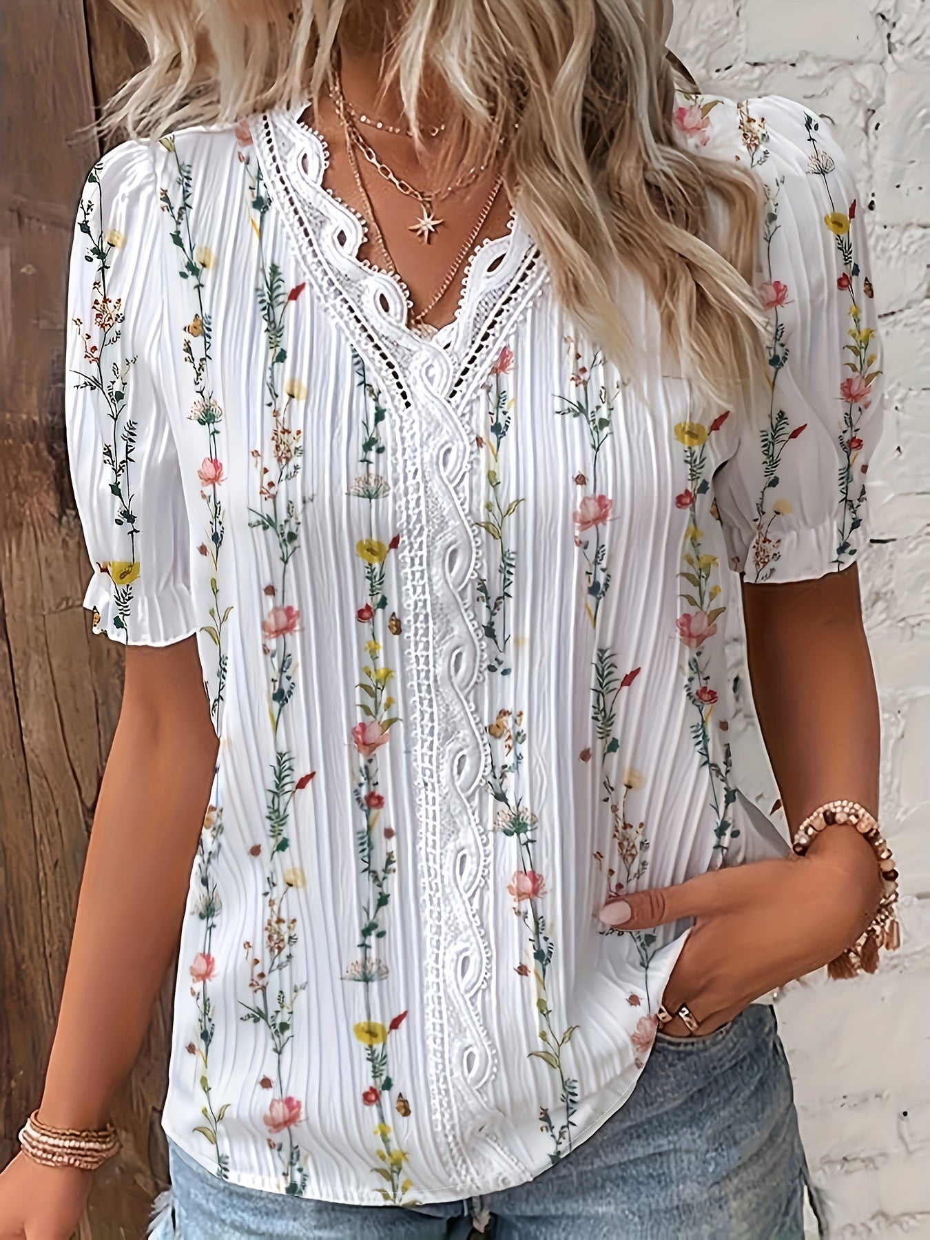 Damen Bluse Elegant mit Blumenmuster und Rüschenkragen – Sommer Freizeit Stil
