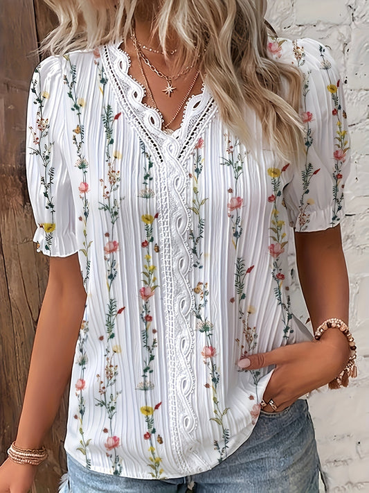 Damen Bluse Elegant mit Blumenmuster und Rüschenkragen – Sommer Freizeit Stil