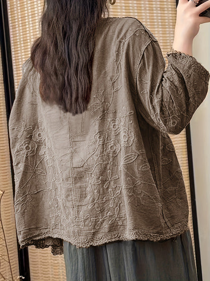 Damen Kurzarm Bluse mit V-Ausschnitt, Stickerei & Spitzenbesatz, Knopfleiste