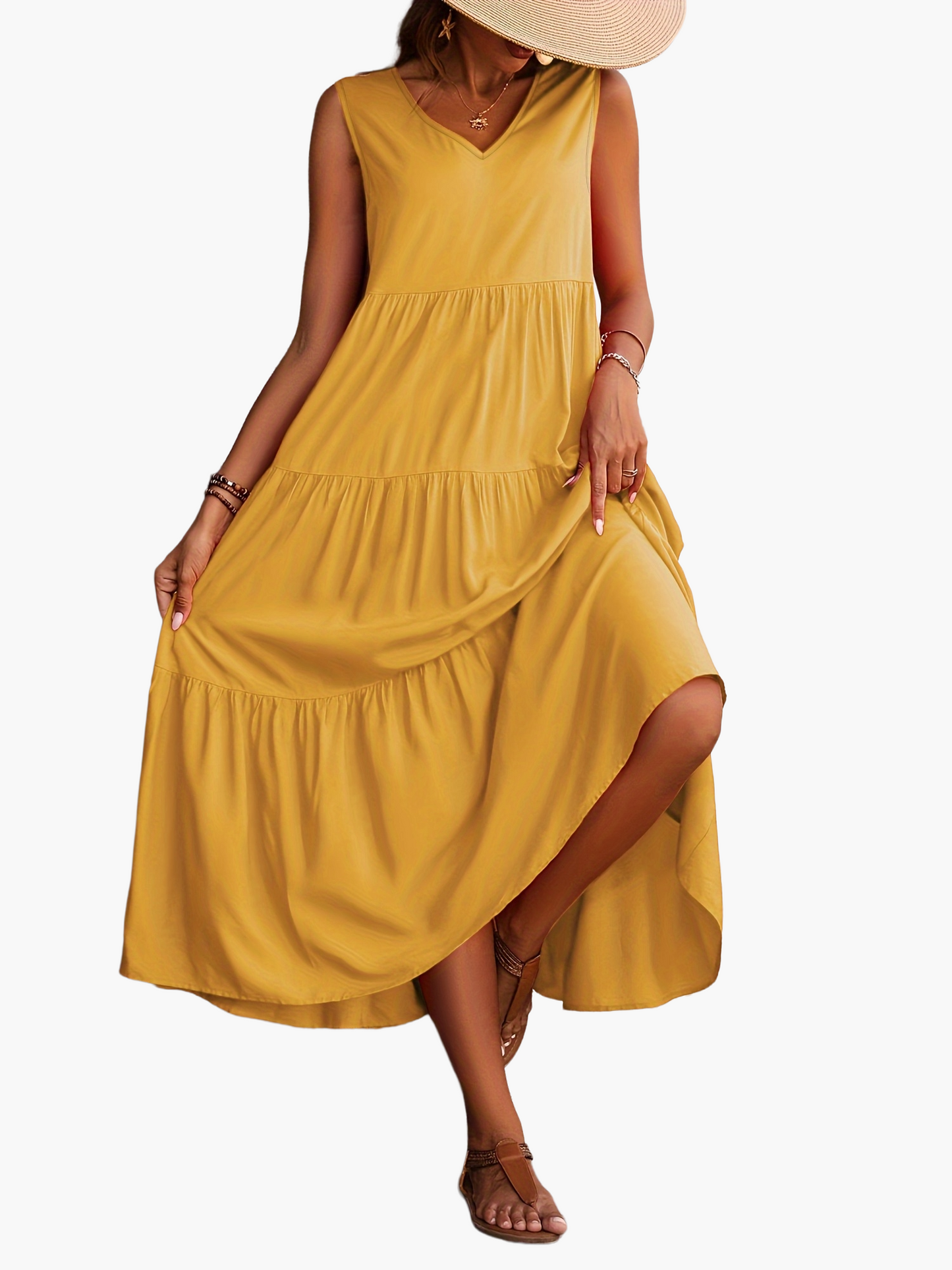 Damen Sommer Maxikleid Elegant V-Ausschnitt Ärmellos Freizeitkleid
