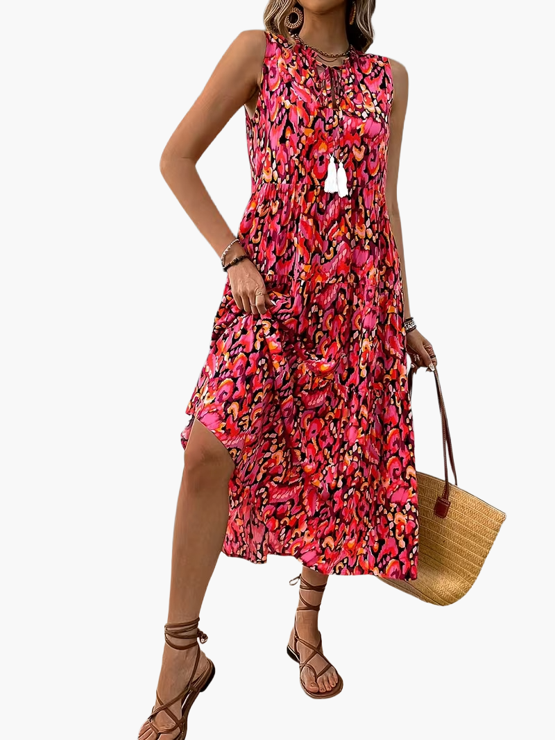 Damen Sommerkleid Elegant Boho Style Ärmellos Midi Freizeitkleid mit Kordel und Quasten