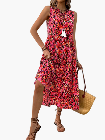 Damen Sommerkleid Elegant Boho Style Ärmellos Midi Freizeitkleid mit Kordel und Quasten