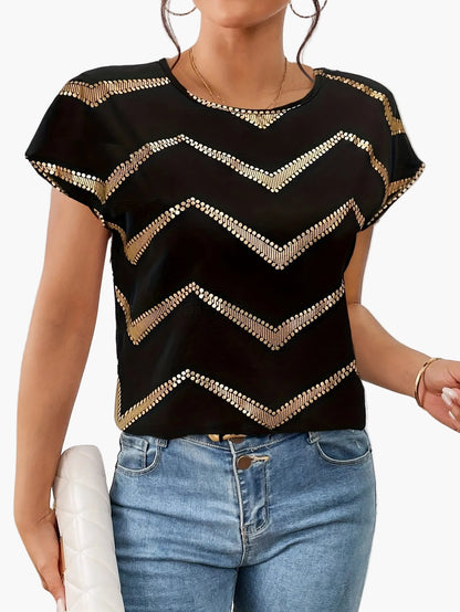 Damen Elegantes Party Shirt mit Glänzendem Zickzack-Muster – Stilvolles Kurzarm Top für Freizeit und Ausgehen