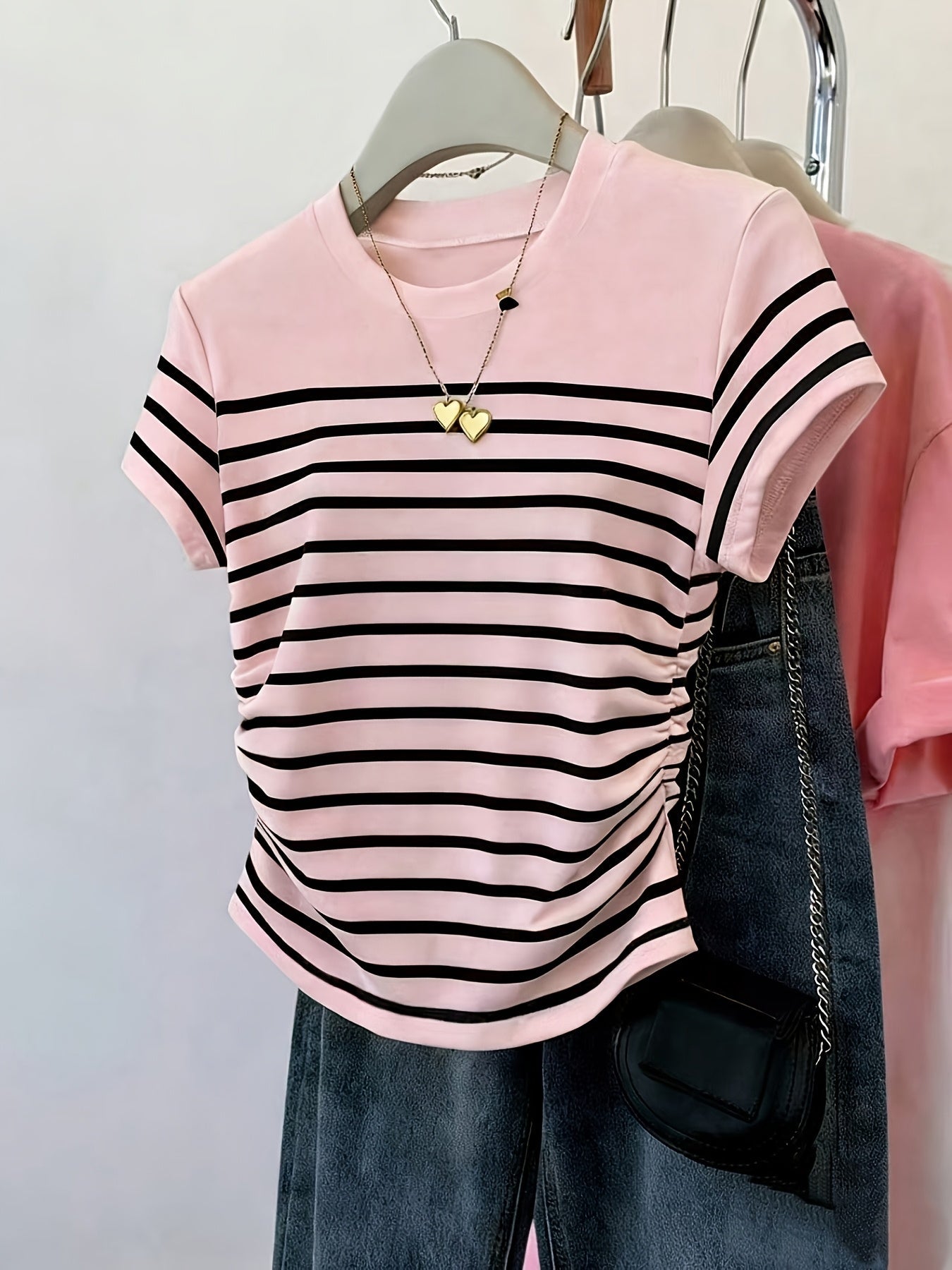 Damen T-Shirt mit Streifen und Raffungen – Modisches Freizeitshirt, Kurzarm, Elegant für Alltag und Büro