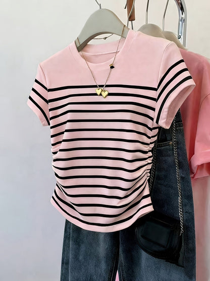 Damen T-Shirt mit Streifen und Raffungen – Modisches Freizeitshirt, Kurzarm, Elegant für Alltag und Büro