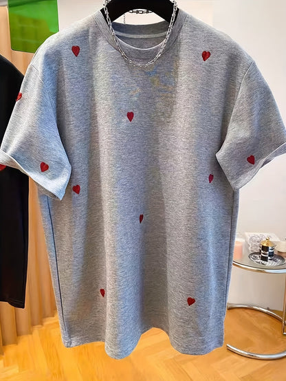 Damen Trendiges T-Shirt mit gestickten Herzen – Streetstyle Casual Kurzarm