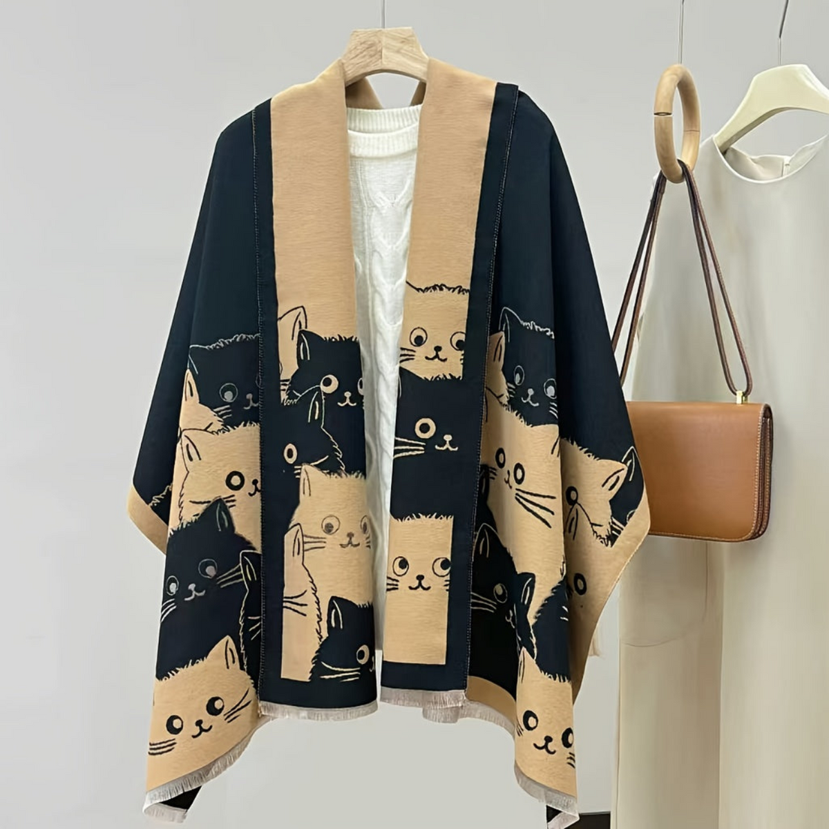 Poncho Damen mit Katzenmuster Umhang Weich Warm