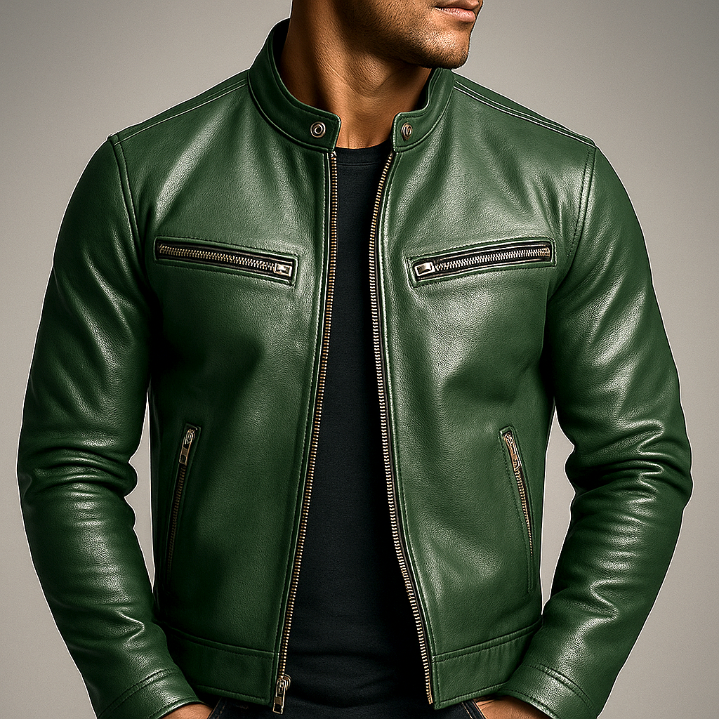 Herren Bikerjacke Grün mit Stehkragen und Reißverschlüssen