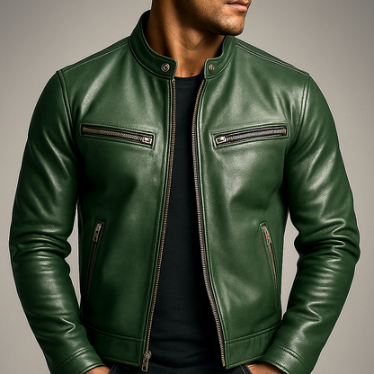 Herren Bikerjacke Grün mit Stehkragen und Reißverschlüssen