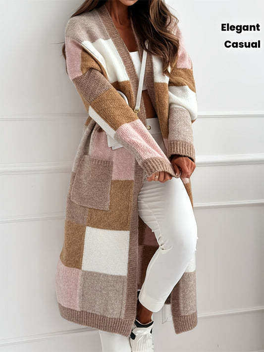 Damen Strickjacke Patchwork Lang Offen Braun Rosa Beige Weiß