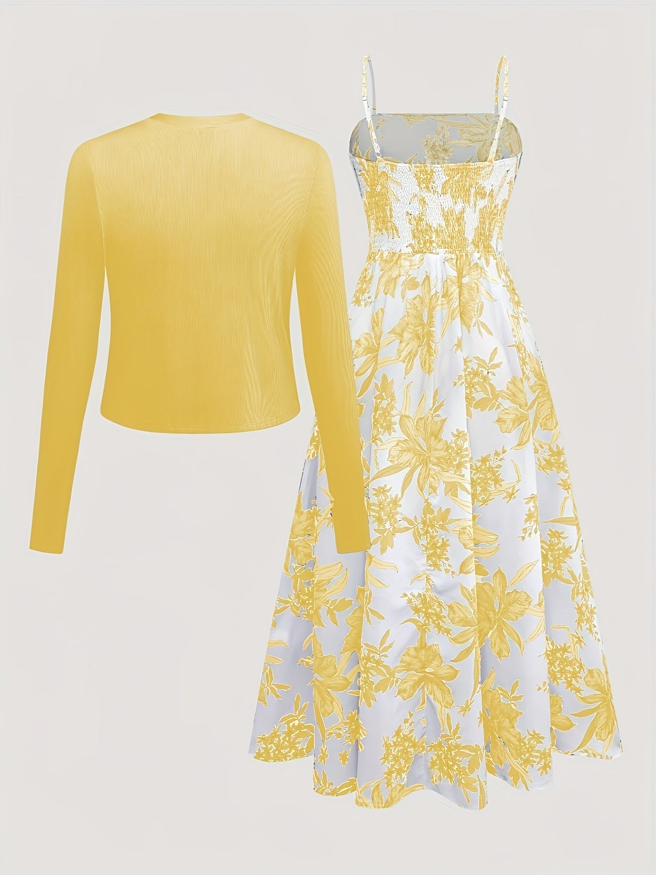 Damen Midikleid mit Blumenmuster und Cardigan – Elegantes Freizeit-Outfit Set für Frühling & Sommer