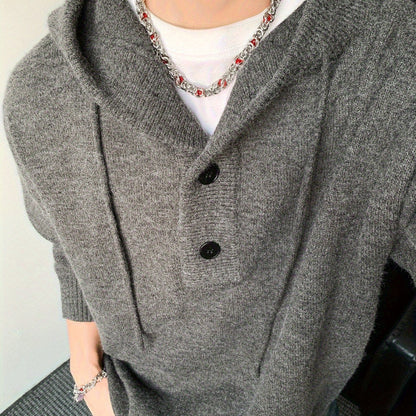 Herren Strick Hoodie Dunkelgrau mit Knopfleiste