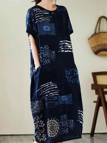 Damen Freizeitkleid mit geometrischem und botanischem Muster, lockerer Oversize-Stil, ideal für Alltag und Freizeit