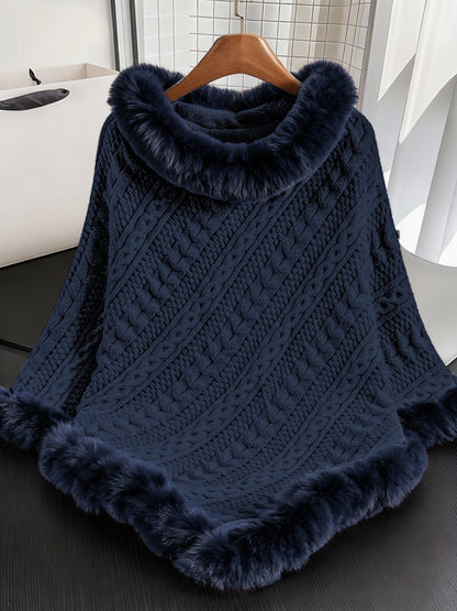 Damen Strickponcho mit Zopfmuster und Kunstpelzbesatz