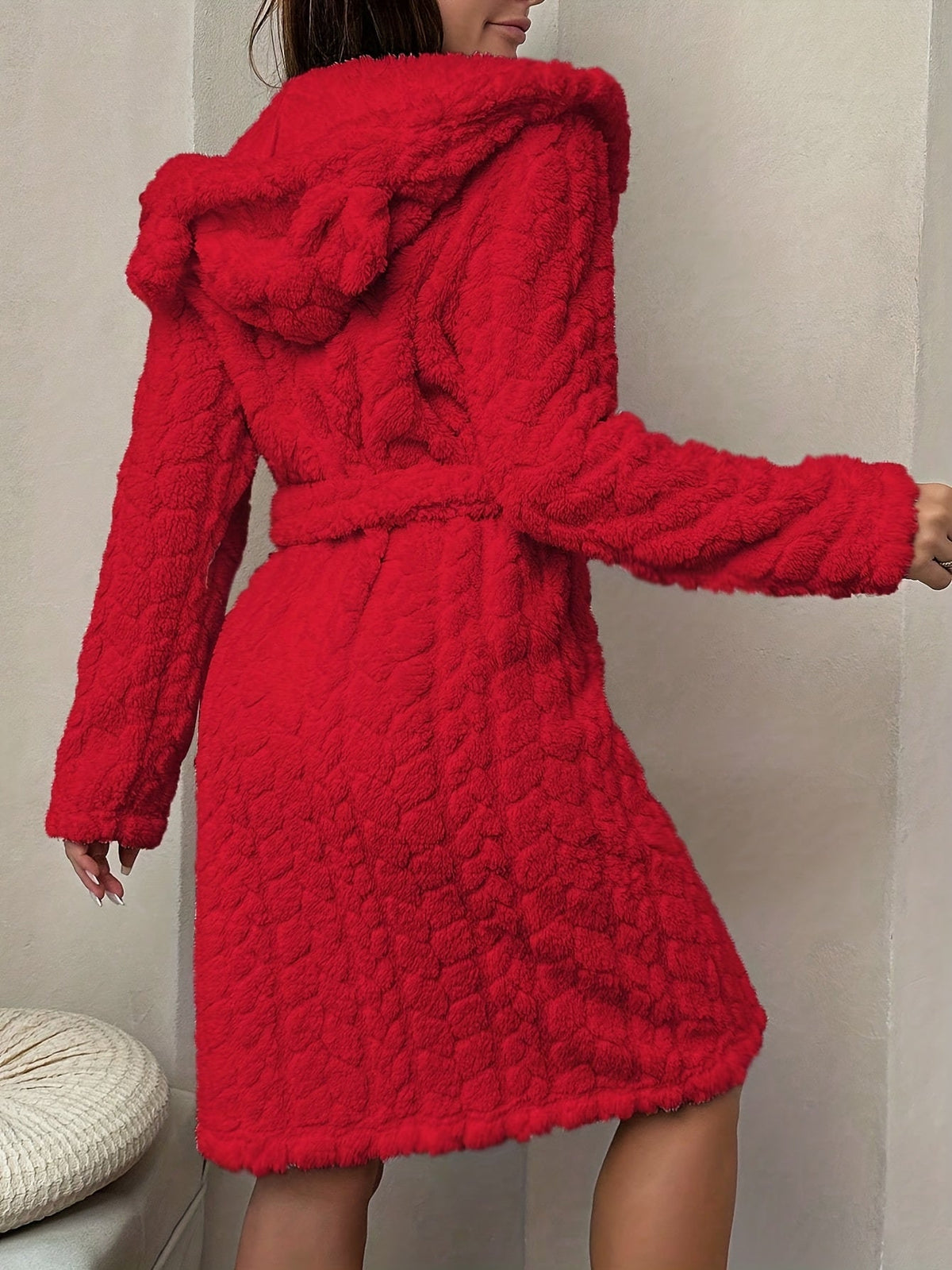 Damen Bademantel Flauschig mit Kapuze & Ohren Bindegürtel Langarm