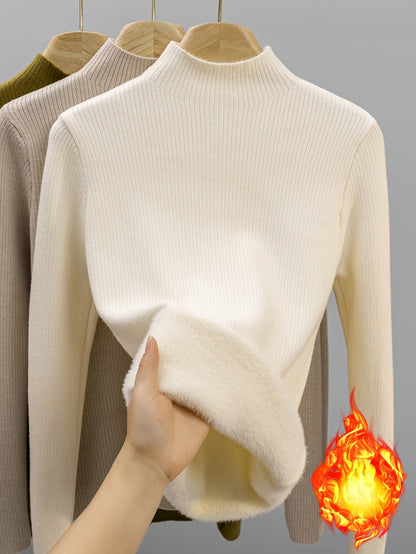 Damen Rippstrick Pullover Stehkragen mit flauschigem Innenfutter Beige