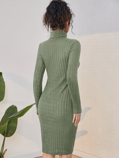 Damen Midi Kleid mit Rollkragen und Rippstrick – Figurbetontes Langarmkleid